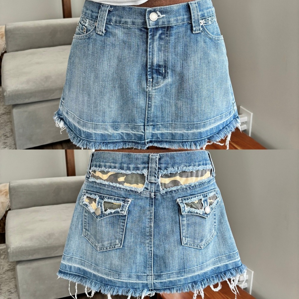 Vintage Forever 21 Denim Skirt Large Camo Raw Hem Early Y2K Clubwear Indie Boho